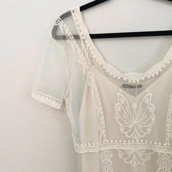 Zara Embroidered Long Sheer Dress in Ivory Sz Large. - Picture 4 of 6